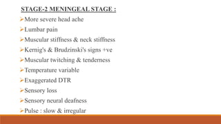 STAGE-2 MENINGEAL STAGE :
More severe head ache
Lumbar pain
Muscular stiffness & neck stiffness
Kernig's & Brudzinski's signs +ve
Muscular twitching & tenderness
Temperature variable
Exaggerated DTR
Sensory loss
Sensory neural deafness
Pulse : slow & irregular
 