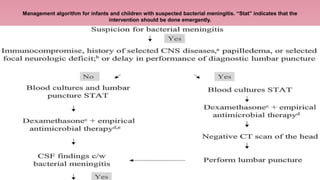 Management algorithm for infants and children with suspected bacterial meningitis. “Stat” indicates that the
intervention should be done emergently.
 