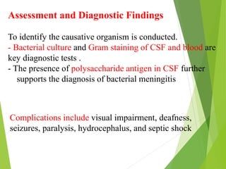 Assessment and Diagnostic Findings
To identify the causative organism is conducted.
- Bacterial culture and Gram staining of CSF and blood are
key diagnostic tests .
- The presence of polysaccharide antigen in CSF further
supports the diagnosis of bacterial meningitis
Complications include visual impairment, deafness,
seizures, paralysis, hydrocephalus, and septic shock
 