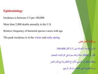 Epidemiology
Incidence is between 3-5 per 100,000
More than 2,000 deaths annually in the U.S.
Relative frequency of bacterial species varies with age
The peak incidence is in the winter and early spring
‫المرض‬ ‫وبائية‬
‫بين‬ ‫اإلصابة‬ ‫نسبة‬ ‫تتراوح‬
3
-
5
‫لكل‬
100،000
‫من‬ ‫أكثر‬
2000
‫المتحدة‬ ‫الواليات‬ ‫في‬ ‫ا‬ً‫ي‬‫سنو‬ ‫وفاة‬ ‫حالة‬
.
‫العمر‬ ‫تقدم‬ ‫مع‬ ‫البكتيرية‬ ‫لألنواع‬ ‫النسبي‬ ‫التكرار‬ ‫يختلف‬
‫الربيع‬ ‫وأوائل‬ ‫الشتاء‬ ‫في‬ ‫الحدوث‬ ‫ذروة‬
 