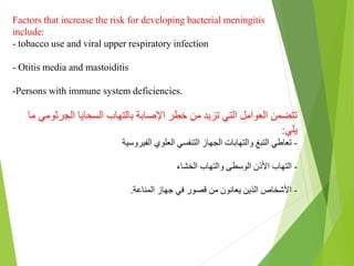 Factors that increase the risk for developing bacterial meningitis
include:
- tobacco use and viral upper respiratory infection
- Otitis media and mastoiditis
-Persons with immune system deficiencies.
‫ما‬ ‫الجرثومي‬ ‫السحايا‬ ‫بالتهاب‬ ‫اإلصابة‬ ‫خطر‬ ‫من‬ ‫تزيد‬ ‫التي‬ ‫العوامل‬ ‫تتضمن‬
‫يلي‬
:
-
‫الفيروسية‬ ‫العلوي‬ ‫التنفسي‬ ‫الجهاز‬ ‫والتهابات‬ ‫التبغ‬ ‫تعاطي‬
-
‫والتهاب‬ ‫الوسطى‬ ‫األذن‬ ‫التهاب‬
‫الخشاء‬
-
‫المناعة‬ ‫جهاز‬ ‫في‬ ‫قصور‬ ‫من‬ ‫يعانون‬ ‫الذين‬ ‫األشخاص‬
.
 