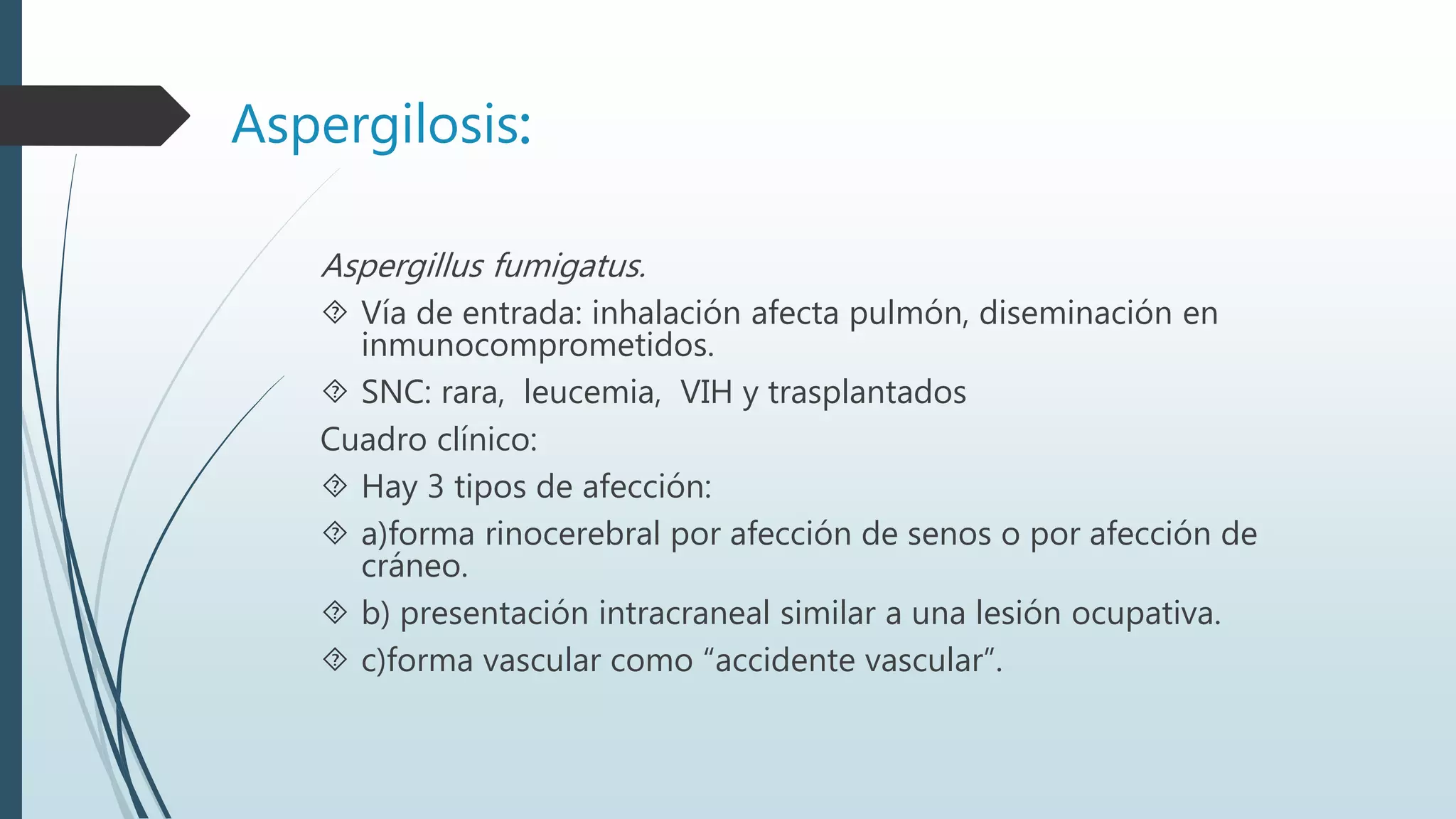 Aspergilosis:
Aspergillus fumigatus.
 Vía de entrada: inhalación afecta pulmón, diseminación en
inmunocomprometidos.
 SNC: rara, leucemia, VIH y trasplantados
Cuadro clínico:
 Hay 3 tipos de afección:
 a)forma rinocerebral por afección de senos o por afección de
cráneo.
 b) presentación intracraneal similar a una lesión ocupativa.
 c)forma vascular como “accidente vascular”.
 