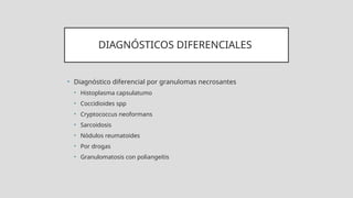 DIAGNÓSTICOS DIFERENCIALES
• Diagnóstico diferencial por granulomas necrosantes
• Histoplasma capsulatumo
• Coccidioides spp
• Cryptococcus neoformans
• Sarcoidosis
• Nódulos reumatoides
• Por drogas
• Granulomatosis con poliangeítis
 