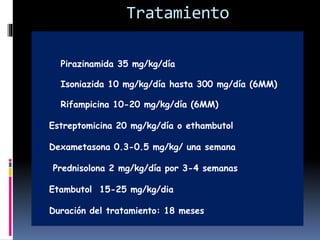 Tratamiento
• Pirazinamida 35 mg/kg/día
• Isoniazida 10 mg/kg/día hasta 300 mg/día (6MM)
• Rifampicina 10-20 mg/kg/día (6MM)
• Estreptomicina 20 mg/kg/día o ethambutol
• Dexametasona 0.3-0.5 mg/kg/ una semana
• Prednisolona 2 mg/kg/día por 3-4 semanas
• Etambutol 15-25 mg/kg/dia
• Duración del tratamiento: 18 meses
 