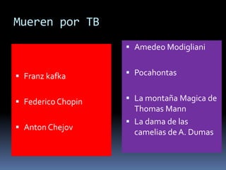 Mueren por TB
 Franz kafka
 Federico Chopin
 Anton Chejov
 Amedeo Modigliani
 Pocahontas
 La montaña Magica de
Thomas Mann
 La dama de las
camelias de A. Dumas
 