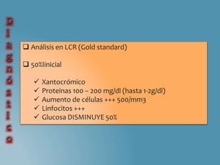 Análisis en LCR (Gold standard)
 50%Iinicial
 Xantocrómico
 Proteinas 100 – 200 mg/dl (hasta 1-2g/dl)
 Aumento de células +++ 500/mm3
 Linfocitos +++
 Glucosa DISMINUYE 50%
 