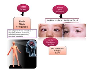Datos
focales

Afasia
Ataxia
Hemiparesia

Afección
pares
creaneales

parálisis oculares, debilidad facial

(con reflejos tendinosos hiperactivos y
respuestas plantares ex-tensoras),
movimientos involuntarios (p. ej.,
mioclonías, temblores)

Af. Eje
hipotálamoHipófisis
Trast. Temperatura
D. Insípida
SIADH

 