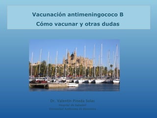 Vacunación antimeningococo B
Cómo vacunar y otras dudas
Dr. Valentín Pineda Solas
Hospital de Sabadell
Universitat Autònoma de Barcelona
 