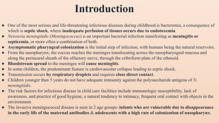 Introduction
● One of the most serious and life-threatening infectious diseases during childhood is bacteremia, a consequence of
which is septic shock, where inadequate perfusion of tissues occurs due to endotoxemia.
● Neisseria meningitidis (Meningococcus) is an important bacterial infection manifesting as meningitis or
septicemia, or more often a combination of both.
● Asymptomatic pharyngeal colonization is the initial step of infection, with humans being the natural reservoirs.
● From the nasopharynx, the coccus reaches the meninges translocating across the nasopharyngeal mucosa and
along the perineural sheath of the olfactory nerve, through the cribriform plate of the ethmoid.
● Bloodstream spread to the meninges will cause meningitis.
● In some children, the predominant feature is cardiovascular collapse leading to septic shock.
● Transmission occurs by respiratory droplets and requires close direct contact.
● Children younger than 5 years do not have adequate immunity against the polysaccharide antigens of N.
meningitidis.
● The risk factors for infectious disease in child care facilities include immunologic susceptibility, lack of
awareness, and practice of good hygiene, a natural tendency to intimacy, frequent oral contact with objects in the
environment.
● The invasive meningococcal disease is seen in 2 age groups: infants who are vulnerable due to disappearance
in the early life of the maternal antibodies & adolescents with a high rate of colonization of nasopharynx.
 
