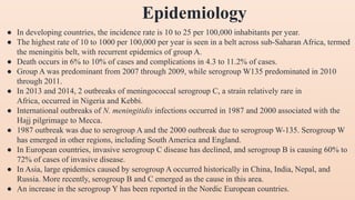 Epidemiology
● In developing countries, the incidence rate is 10 to 25 per 100,000 inhabitants per year.
● The highest rate of 10 to 1000 per 100,000 per year is seen in a belt across sub-Saharan Africa, termed
the meningitis belt, with recurrent epidemics of group A.
● Death occurs in 6% to 10% of cases and complications in 4.3 to 11.2% of cases.
● Group A was predominant from 2007 through 2009, while serogroup W135 predominated in 2010
through 2011.
● In 2013 and 2014, 2 outbreaks of meningococcal serogroup C, a strain relatively rare in
Africa, occurred in Nigeria and Kebbi.
● International outbreaks of N. meningitidis infections occurred in 1987 and 2000 associated with the
Hajj pilgrimage to Mecca.
● 1987 outbreak was due to serogroup A and the 2000 outbreak due to serogroup W-135. Serogroup W
has emerged in other regions, including South America and England.
● In European countries, invasive serogroup C disease has declined, and serogroup B is causing 60% to
72% of cases of invasive disease.
● In Asia, large epidemics caused by serogroup A occurred historically in China, India, Nepal, and
Russia. More recently, serogroup B and C emerged as the cause in this area.
● An increase in the serogroup Y has been reported in the Nordic European countries.
 