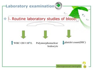 www.themegallery.com LOGO
Laboratory examination
⒈ Routine laboratory studies of blood:
Meningococcal meningitis
WBC>20×109/L Polymorphonuclear
leukocyte
platelet count(DIC)
 