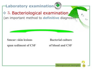 www.themegallery.com LOGO
Laboratory examination
⒊ Bacteriological examination
(an important method to definitive diagnosis) :
Meningococcal meningitis
Smear: skin lesions
spun sediment of CSF
Bacterial culture
of blood and CSF
 