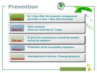 www.themegallery.com LOGO
Prevention
Protect
Protection of the susceptible population
Protect
Protection of the susceptible population
Administer
meningococcal vaccines, Chemoprophylaxis
isolate
for 3 days after the symptoms disappeared,
generally no less 7 days after the onset
observe
Close contacts:
observed medically for 7 days.
Disrupt
To go to the crowd places should be avoided
during the epidemic
Meningococcal meningitis
 