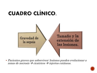  Pacientes graves que sobreviven: lesiones pueden evolucionar a
zonas de necrosis  cicatrices  injertos cutáneos.
 