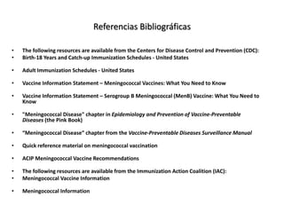 Referencias Bibliográficas
• The following resources are available from the Centers for Disease Control and Prevention (CDC):
• Birth-18 Years and Catch-up Immunization Schedules - United States
• Adult Immunization Schedules - United States
• Vaccine Information Statement – Meningococcal Vaccines: What You Need to Know
• Vaccine Information Statement – Serogroup B Meningococcal (MenB) Vaccine: What You Need to
Know
• "Meningococcal Disease" chapter in Epidemiology and Prevention of Vaccine-Preventable
Diseases (the Pink Book)
• “Meningococcal Disease” chapter from the Vaccine-Preventable Diseases Surveillance Manual
• Quick reference material on meningococcal vaccination
• ACIP Meningococcal Vaccine Recommendations
• The following resources are available from the Immunization Action Coalition (IAC):
• Meningococcal Vaccine Information
• Meningococcal Information
 