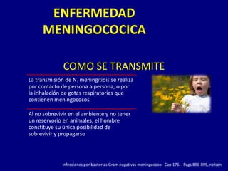 ENFERMEDAD
     MENINGOCOCICA

              COMO SE TRANSMITE
La transmisión de N. meningitidis se realiza
por contacto de persona a persona, o por
la inhalación de gotas respiratorias que
contienen meningococos.

Al no sobrevivir en el ambiente y no tener
un reservorio en animales, el hombre
constituye su única posibilidad de
sobrevivir y propagarse.




              Infecciones por bacterias Gram negativas meningococo: Cap 176. . Pags 896-899, nelson
 