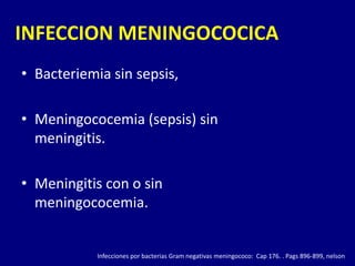 INFECCION MENINGOCOCICA
• Bacteriemia sin sepsis,

• Meningococemia (sepsis) sin
  meningitis.

• Meningitis con o sin
  meningococemia.


            Infecciones por bacterias Gram negativas meningococo: Cap 176. . Pags 896-899, nelson
 