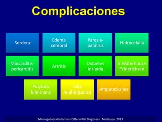 Complicaciones

                         Edema                     Paresia-
  Sordera                                                                  Hidrocefalia
                        cerebral                   parálisis


Miocarditis-                                      Diabetes                S Waterhouse
                         Artritis
pericarditis                                      insípida                 Friderichsen


             Purpura                 Falla
                                                            Amputaciones
            fulminans            multiorganica




               Meningococcal Infections Differential Diagnoses. Medscape. 2011
 