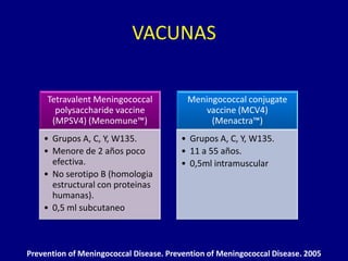 VACUNAS

     Tetravalent Meningococcal            Meningococcal conjugate
       polysaccharide vaccine                 vaccine (MCV4)
      (MPSV4) (Menomune™)                      (Menactra™)
    • Grupos A, C, Y, W135.             • Grupos A, C, Y, W135.
    • Menore de 2 años poco             • 11 a 55 años.
      efectiva.                         • 0,5ml intramuscular
    • No serotipo B (homologia
      estructural con proteinas
      humanas).
    • 0,5 ml subcutaneo



Prevention of Meningococcal Disease. Prevention of Meningococcal Disease. 2005
 