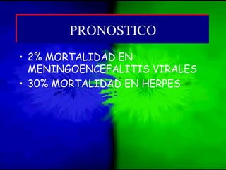 • 2% MORTALIDAD EN
MENINGOENCEFALITIS VIRALES
• 30% MORTALIDAD EN HERPES
PRONOSTICOPRONOSTICO
 