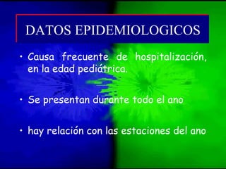 • Causa frecuente de hospitalización,
en la edad pediátrica.
• Se presentan durante todo el ano
• hay relación con las estaciones del ano
DATOS EPIDEMIOLOGICOSDATOS EPIDEMIOLOGICOS
 