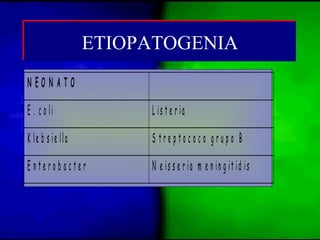 ETIOPATOGENIAETIOPATOGENIA
N E O N A T O
E . c o li L is t e r ia
K le b s ie lla S t r e p t o c o c o g r u p o B
E n t e r o b a c t e r N e is s e r ia m e n in g it id is
 