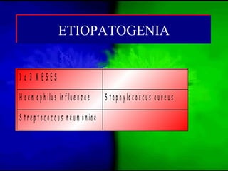 1 a 3 M E S E S
H a e m o p h ilu s in f lu e n z a e S t a p h y lo c o c c u s a u r e u s
S t r e p t o c o c c u s n e u m o n ia e
ETIOPATOGENIAETIOPATOGENIA
 
