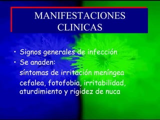 • Signos generales de infección
• Se anaden:
síntomas de irritación meníngea
cefalea, fotofobia, irritabilidad,
aturdimiento y rigidez de nuca
MANIFESTACIONES
CLINICAS
MANIFESTACIONES
CLINICAS
 