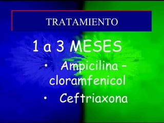 1 a 3 MESES
• Ampicilina –
cloramfenicol
• Ceftriaxona
TRATAMIENTOTRATAMIENTO
 