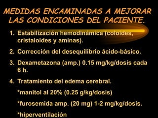 MEDIDAS ENCAMINADAS A MEJORAR
LAS CONDICIONES DEL PACIENTE.
1. Estabilización hemodinámica (coloides,
cristaloides y aminas).
2. Corrección del desequilibrio ácido-básico.
3. Dexametazona (amp.) 0.15 mg/kg/dosis cada
6 h.
4. Tratamiento del edema cerebral.
*manitol al 20% (0.25 g/kg/dosis)
*furosemida amp. (20 mg) 1-2 mg/kg/dosis.
*hiperventilación
 
