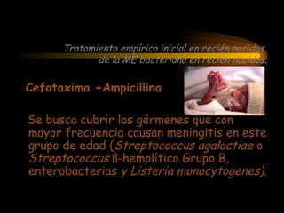 Cefotaxima +Ampicillina
Se busca cubrir los gérmenes que con
mayor frecuencia causan meningitis en este
grupo de edad (Streptococcus agalactiae o
Streptococcus ß-hemolítico Grupo B,
enterobacterias y Listeria monocytogenes).
Tratamiento empírico inicial en recién nacidos
de la ME bacteriana en recién nacidos.
 