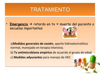 TRATAMIENTO

• Emergencia  retardo en tx = muerte del paciente o
  secuelas importantes



  a)Medidas generales de sostén, aporte hidroelectrolítico
  normal, manejado en terapia intensiva.
  b) Tx antimicrobiano empírico de acuerdo al grupo de edad
  c) Medidas adyuvantes para manejo de HEC
 