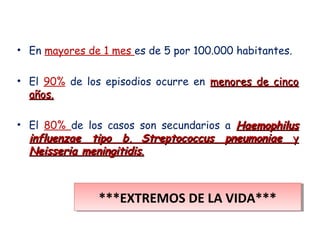 • En mayores de 1 mes es de 5 por 100.000 habitantes.

• El 90% de los episodios ocurre en menores de cinco
  años.

• El 80% de los casos son secundarios a Haemophilus
  influenzae tipo b, Streptococcus pneumoniae y
  Neisseria meningitidis.



               ***EXTREMOS DE LA VIDA***
               ***EXTREMOS DE LA VIDA***
 
