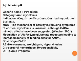 Inj. Nootropil
Generic name :- Piracetam
Category :-Anti myoclonus
Indication :-Cognitive disorders, Cortical myoclonus,
dyslexia.
MOA :-The mechanism of activity in reducing symptoms
of cortical myoclonus is unknown, although GABA-
mimetic effects have been suggested (Wincher 2001).
Modulation of AMPA-type glutamate receptors leading to
increased density of binding sites for AMPA .
Dose :-3gm-IV-TID
AE:-Nervousness, Weight gain, Hyperkinesias
CI :-cerebral hemorrhage, Hypersensitivity
DI:-Thyroid Products
 