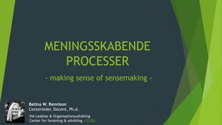 MENINGSSKABENDE
PROCESSER
- making sense of sensemaking -
Betina W. Rennison
Centerleder, Docent, Ph.d.
VIA Ledelse & Organisationsudvikling
Center for forskning & udvikling - CLOU
 