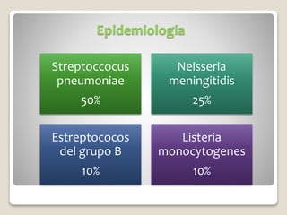 Epidemiologia
Streptoccocus
pneumoniae
50%
Neisseria
meningitidis
25%
Estreptococos
del grupo B
10%
Listeria
monocytogenes
10%
 