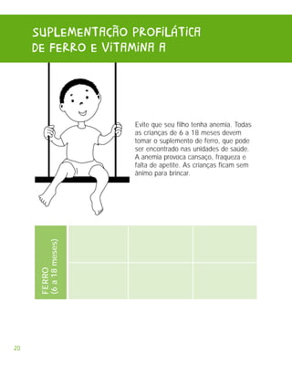 sUPLEMEnTAÇÃO PROFILÁTICA
     DE FERRO E VITAMInA A




                       Evite que seu filho tenha anemia. Todas
                       as crianças de 6 a 18 meses devem
                       tomar o suplemento de ferro, que pode
                       ser encontrado nas unidades de saúde.
                       A anemia provoca cansaço, fraqueza e
                       falta de apetite. As crianças ficam sem
                       ânimo para brincar.
      (6 a 18 meses)
      FERRO




20
 