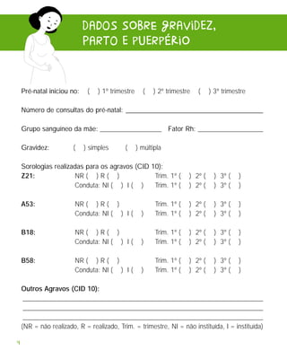 daDos sObrE Gravidez,
                            Parto e puerpéRiO


    Pré-natal iniciou no:    (   ) 1º trimestre     (   ) 2º trimestre   (     ) 3º trimestre

    Número de consultas do pré-natal: ________________________________________

    Grupo sanguíneo da mãe: __________________ Fator Rh: ___________________

    Gravidez:          (    ) simples      (      ) múltipla

    Sorologias realizadas para os agravos (CID 10):
    Z21:              NR ( ) R ( )              Trim. 1º (            ) 2º (     ) 3º (   )
                      Conduta: NI ( ) I ( )     Trim. 1º (            ) 2º (     ) 3º (   )

    A53:                NR ( ) R ( )                     Trim. 1º (   ) 2º (     ) 3º (   )
                        Conduta: NI ( ) I (         )    Trim. 1º (   ) 2º (     ) 3º (   )

    B18:                NR ( ) R ( )                     Trim. 1º (   ) 2º (     ) 3º (   )
                        Conduta: NI ( ) I (         )    Trim. 1º (   ) 2º (     ) 3º (   )

    B58:                NR ( ) R ( )                     Trim. 1º (   ) 2º (     ) 3º (   )
                        Conduta: NI ( ) I (         )    Trim. 1º (   ) 2º (     ) 3º (   )

    Outros Agravos (CID 10):
     ______________________________________________________________________
     ______________________________________________________________________
     ______________________________________________________________________
    (NR = não realizado, R = realizado, Trim. = trimestre, NI = não instituída, I = instituída)

4
 
