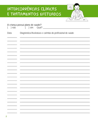 intercorrências CLínicAs
    e trATaMEntOs EfetuaDos

    A criança possui plano de saúde?
    ( ) não          ( ) sim    Qual? ________________________________________

    Data        Diagnóstico/Assinatura e carimbo do profissional de saúde
    _________   _________________________________________________________________
    _________   _________________________________________________________________
    _________   _________________________________________________________________
    _________   _________________________________________________________________
    _________   _________________________________________________________________
    _________   _________________________________________________________________
    _________   _________________________________________________________________
    _________   _________________________________________________________________
    _________   _________________________________________________________________
    _________   _________________________________________________________________
    _________   _________________________________________________________________
    _________   _________________________________________________________________
    _________   _________________________________________________________________
    _________   _________________________________________________________________
    _________   _________________________________________________________________
    _________   _________________________________________________________________
    _________   _________________________________________________________________
    _________   _________________________________________________________________
    _________   _________________________________________________________________
    _________   _________________________________________________________________
    _________   _________________________________________________________________
    _________   _________________________________________________________________
8
 