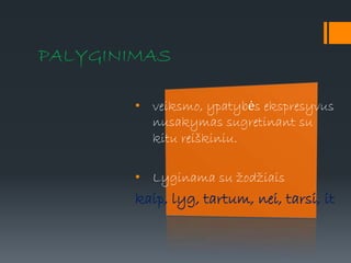 PALYGINIMAS
• veiksmo, ypatybės ekspresyvus
nusakymas sugretinant su
kitu reiškiniu.
• Lyginama su žodžiais
kaip, lyg, tartum, nei, tarsi, it
 