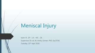 Meniscal Injury
team VI ZP – LA – MC - ZK
Supervisor Dr. dr. M. Andry Usman, PhD, Sp.OT(K)
Tuesday, 25th sept 2018
 