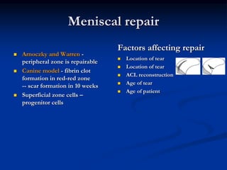 Meniscal repair 
 Arnoczky and Warren - 
peripheral zone is repairable 
 Canine model - fibrin clot 
formation in red-red zone 
-- scar formation in 10 weeks 
 Superficial zone cells – 
progenitor cells 
Factors affecting repair 
 Location of tear 
 Location of tear 
 ACL reconstruction 
 Age of tear 
 Age of patient 
 