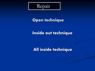 Repair 
Open technique 
Inside out technique 
All inside technique 
 