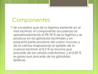Componentes
 Se considera que de la lágrima existente en el
mar lacrimal, el componente acuoseroso es
aproximadamente el 99.78 % de la lágrima y se
produce en las glándulas lacrimales y en
pequeña parte proviene del corion mucoso y
de la córnea traspasando el epitelio de la
cuenca lacrimal; el 0.2 % es mucina que
procede de las células caliciformes; y el 0.02 %
es grasa que procede de las glándulas
lípidicas.
 
