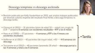 Descarga temprana vs descarga acelerada
 Revisión publicada por Kelly VanderHave en 2015, que analiza trabajos publicados
por diversos autores respecto del resultado final frente a descarga temprana vs
descarga tardía.
 Chiang et al (2011)----31 pacientes (prom de edad 31)----mitad con cirugía de
LCA-----propone 6 semanas con excelentes resultados---RTP a los 6 meses
 Haas et al (2005)----37 pacientes----4 semanas y RTP a los 4 meses con
excelentes resultados
 Hofferner et al (2011)----42 pacientes (de mayor edad, +45) ----4-6 semanas sin
descarga
 Tucciarone et al (2012)----40 pacientes (promedio 20 años)----descarga parcial a
las 4 semanas y total a las 6 semanas
Tardía
 