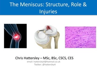 The Meniscus: Structure, Role &
Injuries
Chris Hattersley – MSc, BSc, ASCC, CSCS, CES
 