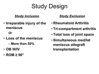 Study Design Study Inclusion Irreparable injury of the meniscus Or Loss of the meniscus More than 50% OB III/IV  ROM ≥ 90° Study Exclusion Rheumatoid Arthritis Tri-compartment arthritis Total loss of joint space Simultaneous med/lat meniscus allograft transplantation 