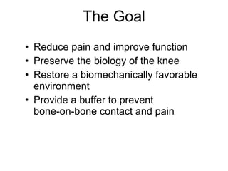 Reduce pain and improve function Preserve the biology of the knee Restore a biomechanically favorable environment Provide a buffer to prevent  bone-on-bone contact and pain The Goal 