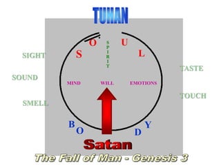 S
O U
L
B
O D
Y
MIND EMOTIONSWILL
SIGHT
SOUND
SMELL
TASTE
TOUCH
S
P
I
R
I
T
 