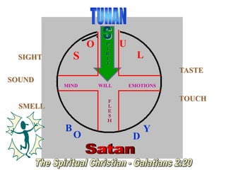 S
O U
L
B
O D
Y
MIND EMOTIONSWILL
SIGHT
SOUND
SMELL
TASTE
TOUCH
E
S
P
Í
R
I
T
U
P
Í
R
I
T
F
L
E
S
H
 